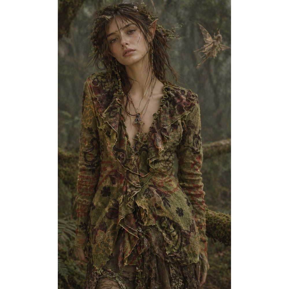 Guinevere Ruffle Cardigan Womens Size S Green fairycore forestgrunge Paisley
